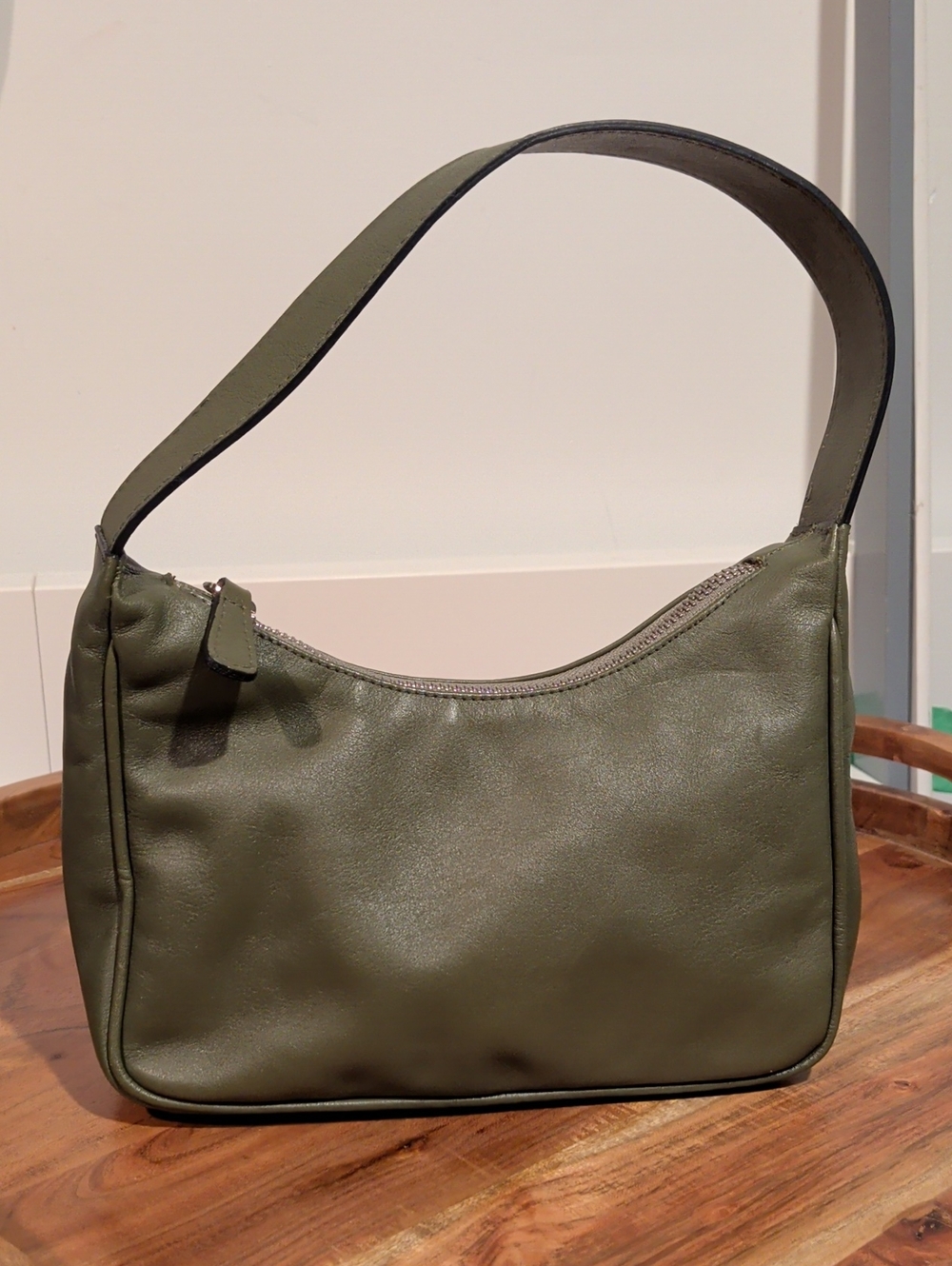 L'INTERVALLE Olive Green Genuine Leather Mini Crescent Shoulder Bag